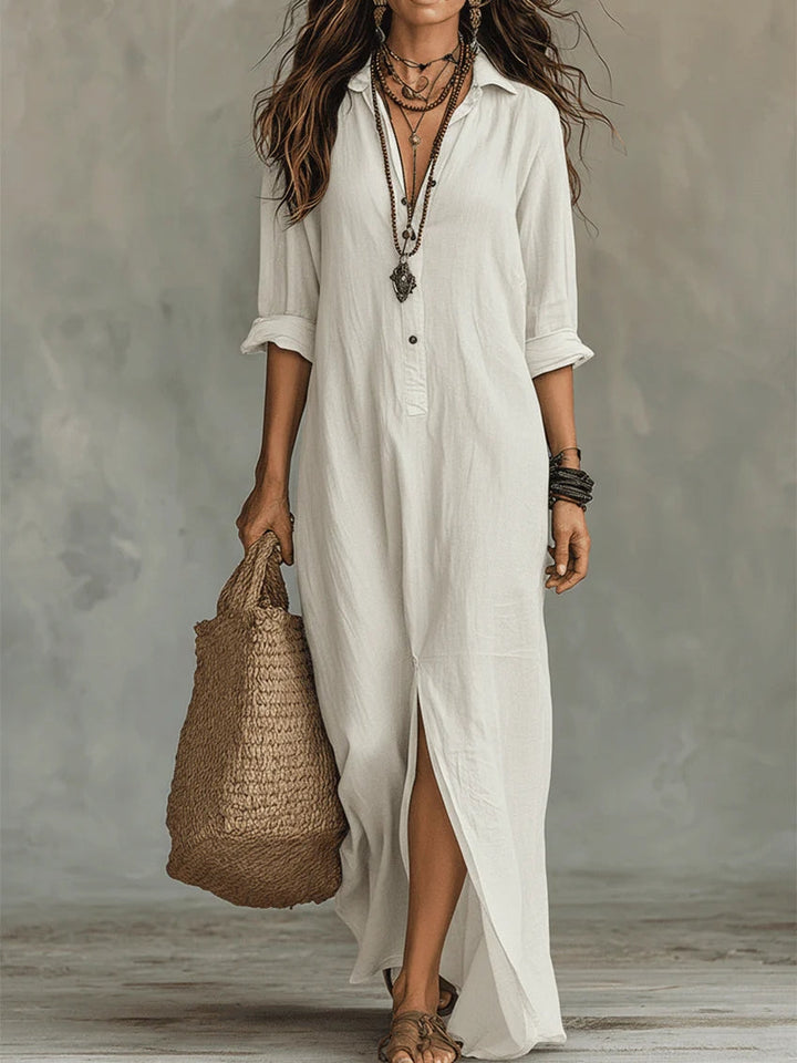 Soline™ | Relaxed Green Maxi Dress with Button Details