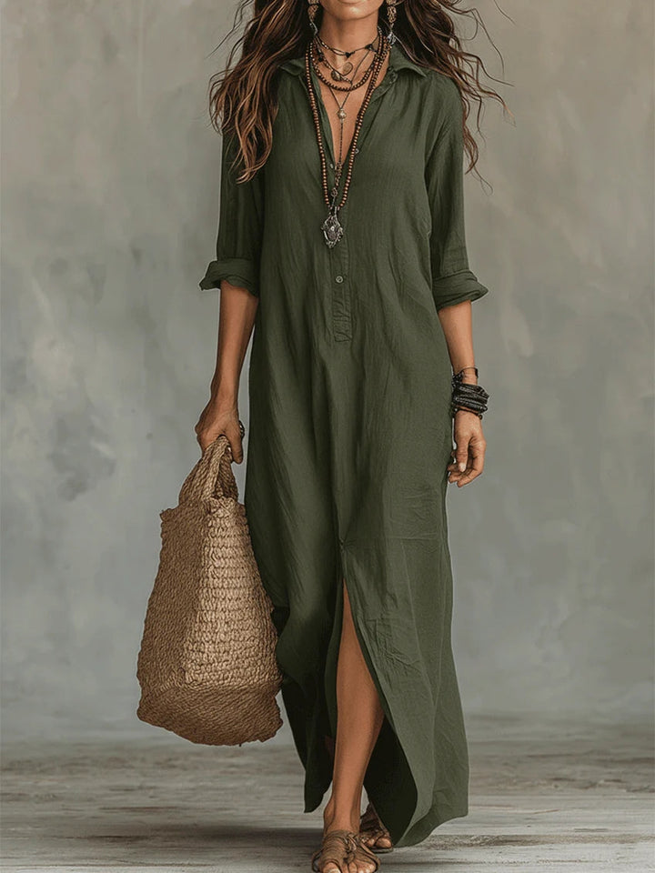Soline™ | Relaxed Green Maxi Dress with Button Details