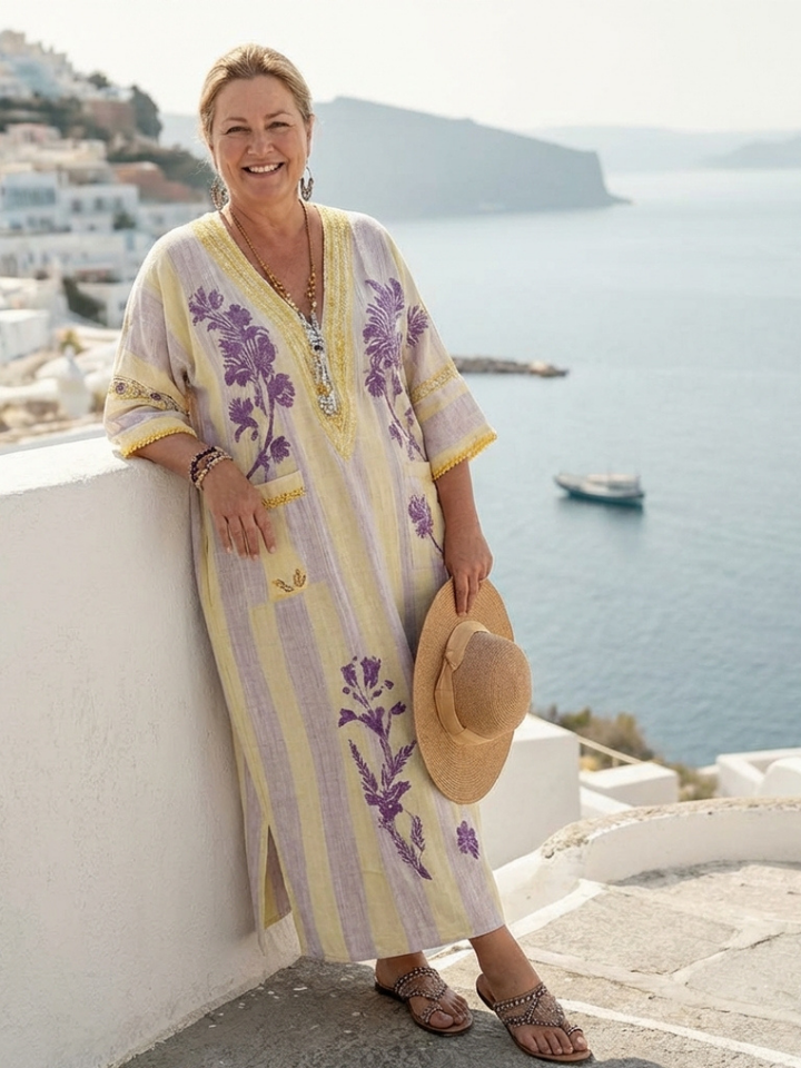 Aurelia | V-Neck Maxi Dress with Floral Stripes and Short Sleeves