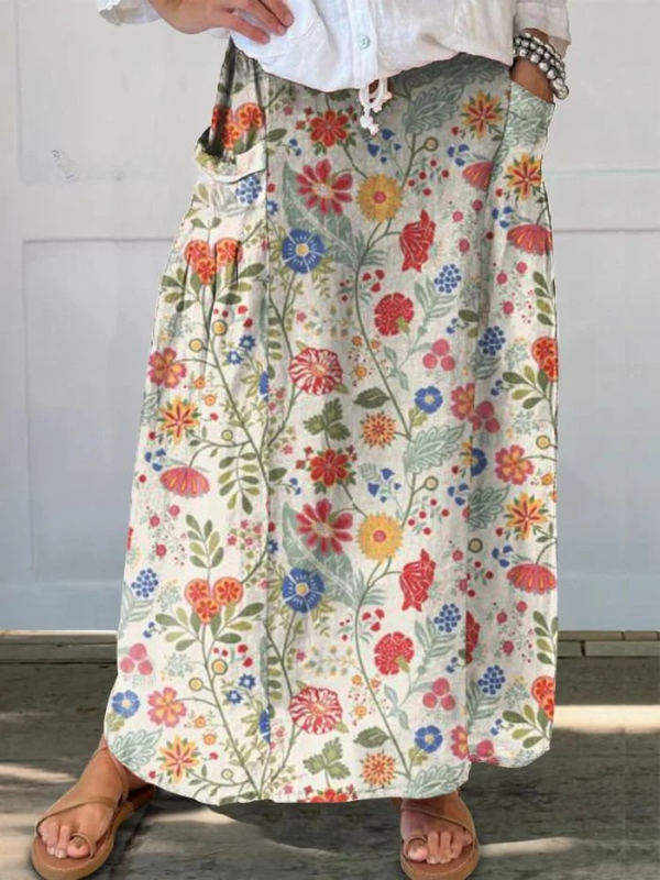 Women's Floral Print Linen Elastic Waistband Pocket Skirt