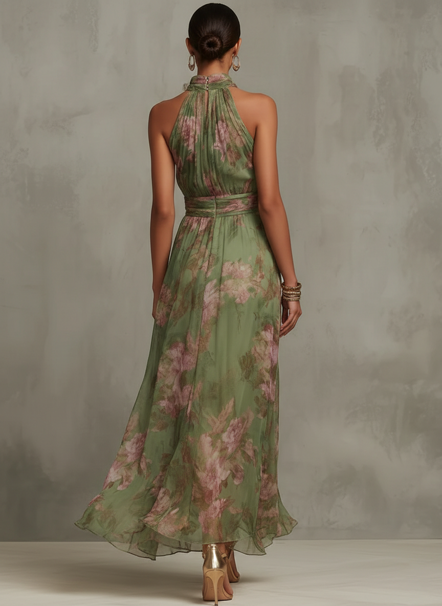 Florence | Emerald Floral Chiffon Halter Maxi Dress