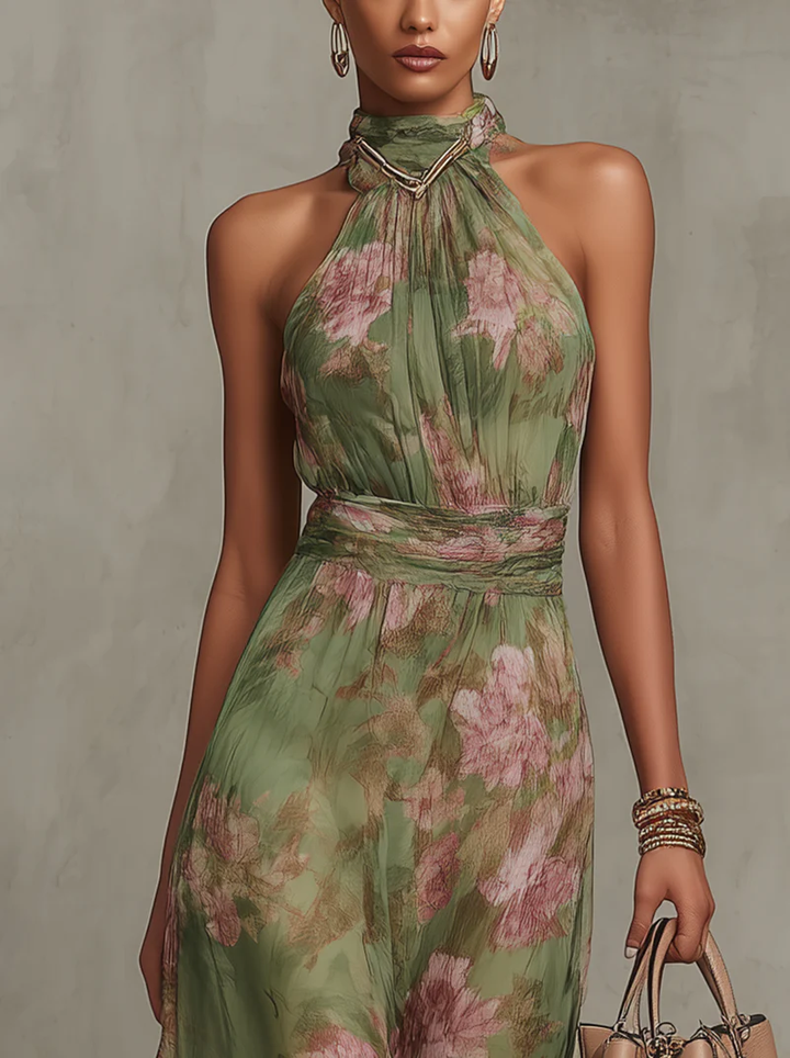 Florine™ | Floral Print Green Maxi Dress