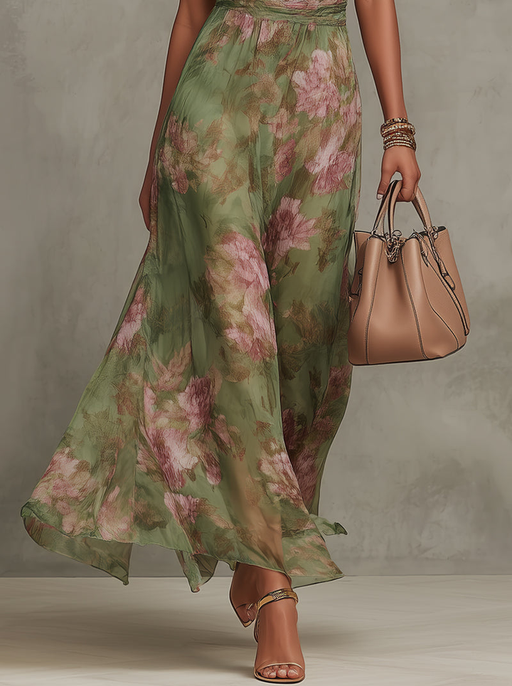 Florence | Emerald Floral Chiffon Halter Maxi Dress