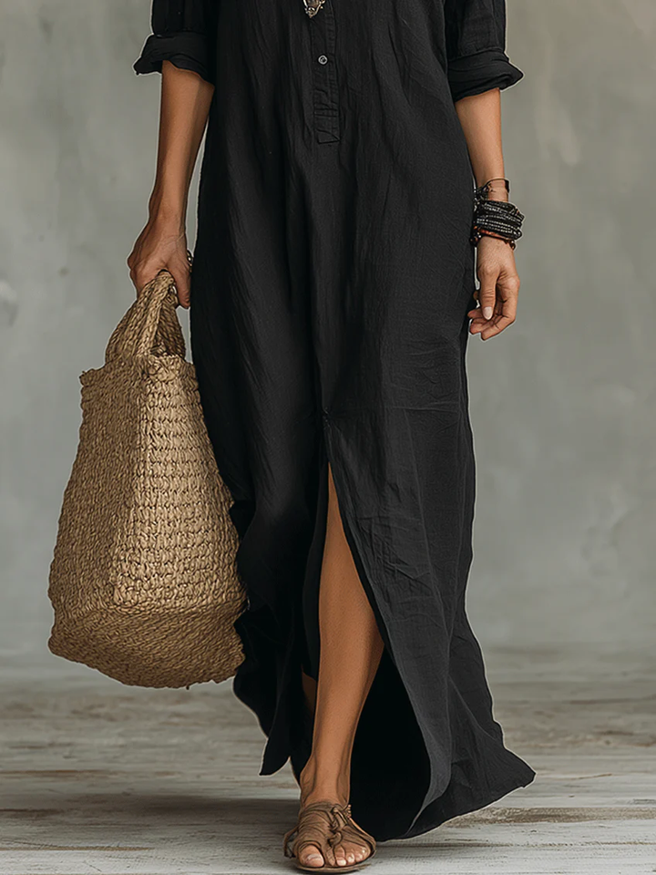 Soline™ | Button-Down Loose Black Maxi Dress