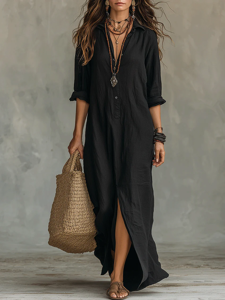 Soline™ | Button-Down Loose Black Maxi Dress