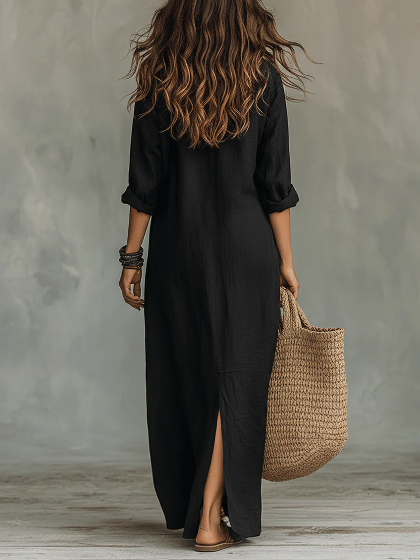 Soline™ | Relaxed Green Maxi Dress with Button Details