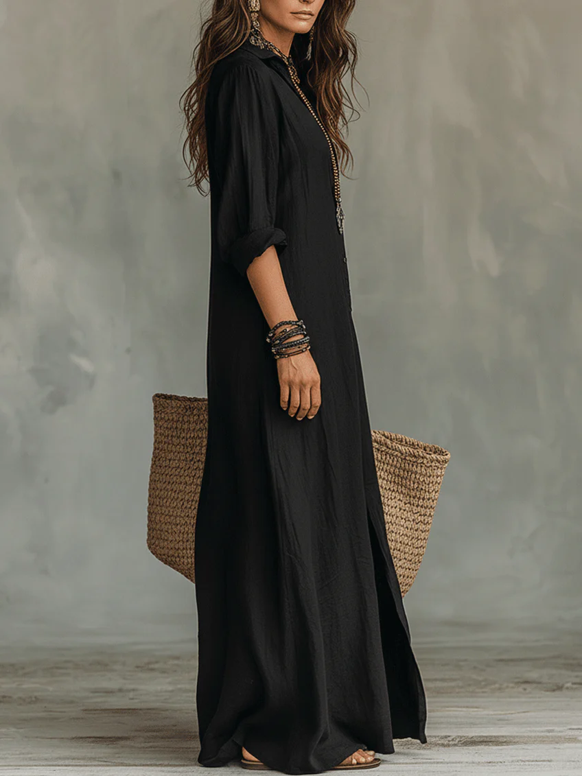 Soline™ | Relaxed Green Maxi Dress with Button Details
