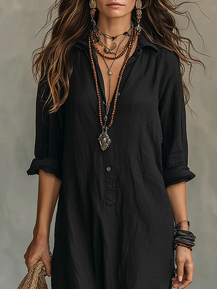 Soline™ | Button-Down Loose Black Maxi Dress